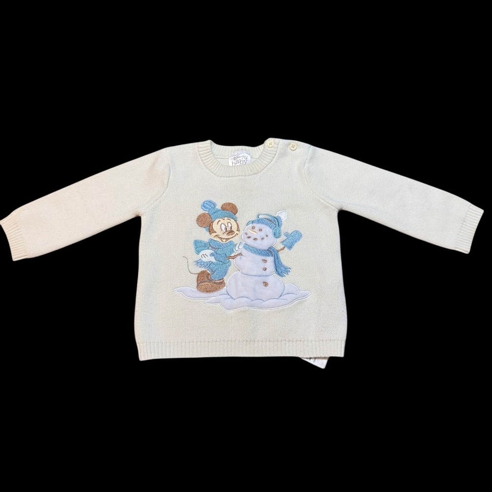 Disney Baby Sweater 12-18M Cream Mickey Mouse Snowman Embroidered Winter Holiday